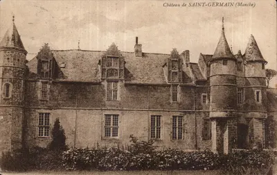 Castelo de SAINT-GERMAIN (Manche) — vista do castelo com torres cônicas — editor não identificado