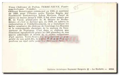 Castelo de Fontenay-le-Comte — Lareira Renascentista — Edições Artísticas Raymond Bergevin — Verso