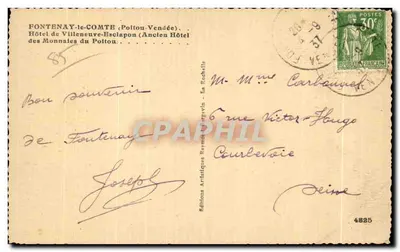 Fontenay-le-Comte — Hotel de Villeneuve-Esclopont (Antigo Hotel das Moedas do Poitou) — Edições Artísticas Raymond-Forgavin — Verso