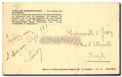 Jaskinia Saint-Philbert — Wyspa Noirmoutier — Wydawnictwo Artystyczne Raymond Bergevin — Rewers