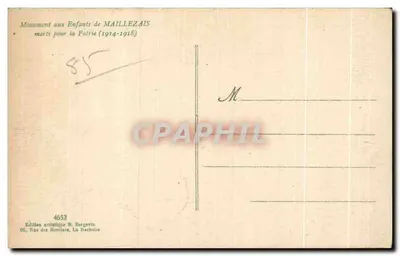 Pamiątka po dzieciach MAILLEZAI zginących za Ojczyznę (1914-1918) — Wydanie artystyczne R. Bergevin, nr 4652 — Rewers