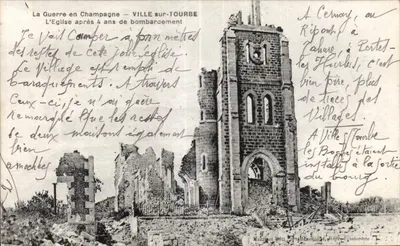 Ville-sur-Tourbe — Igreja após 4 anos de bombardeios — Martinet & Bill, Marcheboeuf, Réf. interdite