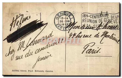 Genève — La Rade e o Mont-Blanc — Julllien frères, Phot. Editeurs, Genève, n° 2393 — Verso