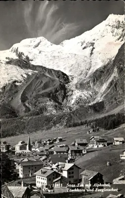 Saas-Fee com o Tüschhorn e o Alphubel — vista panorâmica — editor Rud. Suter, Oberrieden-Z.CH., número de série 15973