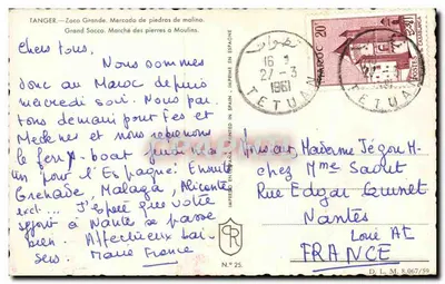 Bilhete postal antigo Tanger Zoco Grande Mercado de piedras de molino Grand Socco Marche des — Verso