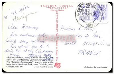 Paso del Soldado — Piękny zakątek Parku Narodowego Montebello, Chiapas, Meksyk — TARJETA POSTAL "VISTACOLOR" — Rewers