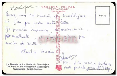 A Plazuela de los Mariachis — Guadalajara — TARJETA POSTAL "VISTACOLOR" — Verso