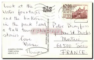 Parque com fonte e torre Torre Latinoamericana — Editor Editorial Cards S.A. — Número de série não visível — Verso