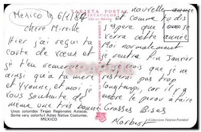 Kolorowe stroje azteckie — wydawca AMIMEX ASOCIADOS, S.A., n° 274 — Rewers
