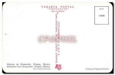 Muzykanci z Zinacantán — Chiapas, Meksyk — wydawca SAN CRISTOBAL DE LAS CASAS, S.A. de C.V. — Rewers