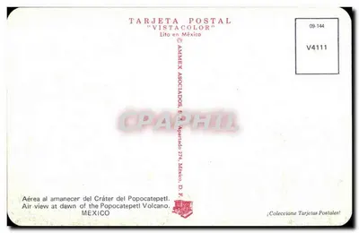 Cratera do Popocatépetl — vista aérea ao nascer do sol — AMMEX ASOCIADOS, S.A. n° V4111 — Verso