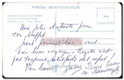 Tête colossale du Musée, Villahermosa, Tabasco — éditeur POSTAL MEXFOTOCOLOR, n° 9-C — Achterkant