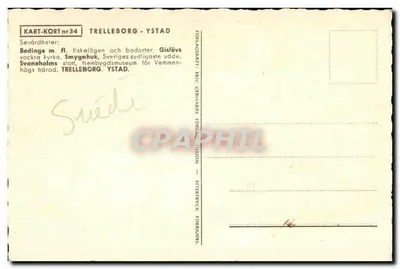 Cartão postal ilustrado da região de Trelleborg - Ystad — editor Bric Oerhards Forlag — Verso