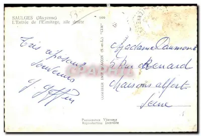 Saulges (Mayenne) — A Entrada do Ermitério, asa direita — CIM — Verso