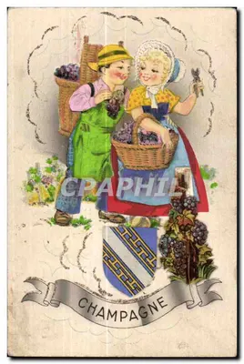 Champagne — enólogo e enóloga com cestas de uvas — editor Targa, n° 611