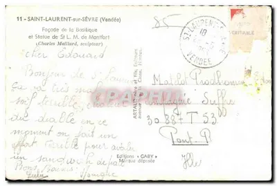 Fachada da Basílica de São Lourenço sobre a Sèvre — Estátua de São L. M. de Montfort — Edições Gaby — Verso