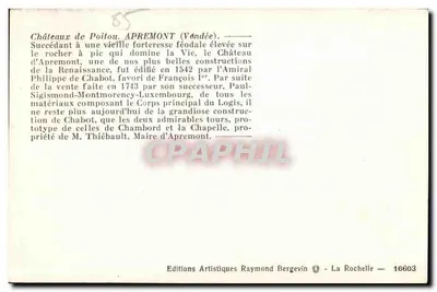 Zamek w Poitou — Apremont (Vendée) — Wydawca: Wydawnictwo Artystyczne Raymonde Bergevin, nr 16603 — Rewers