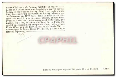 Castelo de Bessay — Vendée — Edições Artísticas Raymonde Bergevin — Verso