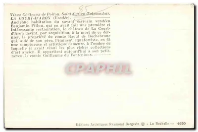 La Court-d'Aron (Vendée) — Antiga residência de Benjamin Fillon — Editor: Editions Artistiques Raymond Bergevin, La Rochelle — n° 4630 — Verso