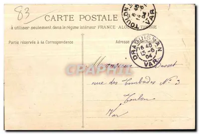 Draguignan — Ogólny widok kościoła z wieżą zegarową — Fototyp E. Lacour, Marsylia — Rewers