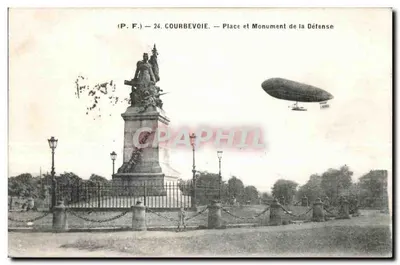 Courbevoie - Praça e Monumento da Defesa - balão - zeppelin - dirigível - Bilhete postal antigo