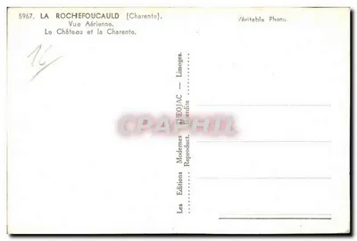 La Rochefoucauld (Charente) — Vista aérea del castillo y del río Charente — Ediciones Thieojac, Limoges — Reverso