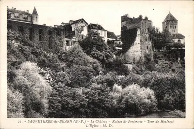 Sauveterre-de-Béarn (B.-P.) — O Castelo, Ruínas da Fortaleza, Torre de Montreuil, A Igreja — Fototipia Marcel Delboy, Bordeaux