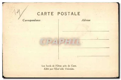 Les bords de l'Orne près de Caen — vue de la rive avec arbres et personnes — édité par l'Entraide Unioniste — Verso