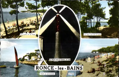 Ronce-les-Bains — Vista da floresta, praia, farol da Coubre à noite, iate em passeio — Edições Artaud & Fils, Nantes
