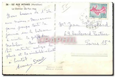 Stara pocztówka Wyspa Świętego Michała (Morbihan) Dolmen Pen Hop — Rewers