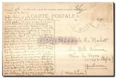Bilhete postal antigo Port Louis Mar quebrando sobre os Rochos do Lohic — Verso