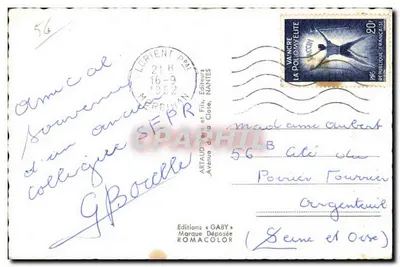 Lorient — Widok panoramiczny z Portem Brestonne, Portem Rybackim, Katedrą Najświętszej Maryi Panny Zwyciężczyni i Portem — Souvenir de Lorient, wydane przez Artaud Bracia i Synowie, Nantes — Rewers