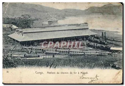 Bilhete postal antigo Congo Ateliers do caminho de ferro em Matadi