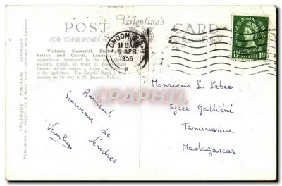 Victoria Memorial, Pałac Buckingham i Strażnicy, Londyn — T.II — Valesque Valentine's Postcard & Sons Ltd. — Rewers