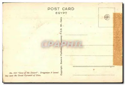 Sons of the Desert — Dragoman y muchacho cerca de la Gran Pirámide de Guiza — Eastern Publishing Company, El Cairo — Reverso