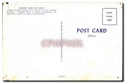 Newport News Post Office — edifício governamental na West Avenue — Rowe Distributing Co., Norfolk, Va. — Verso