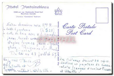 Pokój hotelowy — Motel Fontainebleau, Montréal — wydawca UNIC — Rewers