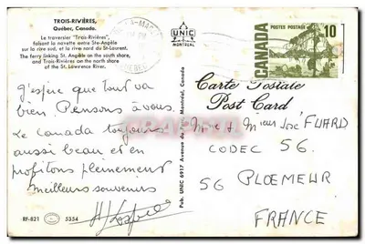 Bilhete postal antigo Toris Rivieres Quebec Canada Le Traversier Trais Rivers fazendo a travessia entre Ste Angel na margem sul — Verso
