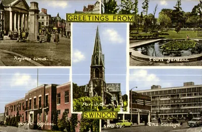 Swindon — Regants Circus, Parish Church, Town Gardens, Civic Offices, The College — Karta Fritha SWD 58