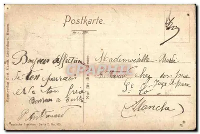 Trachtés kessiennes — scène de marché avec femme âgée et enfants — Kunstverlag Lauterbach, Hessen, Série 7, No. 163 — Verso