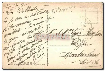 Deutsches Eck — Pomnik cesarza Wilhelma — Kupfertiefdruck-Verlag von Karl Ritter Bremer & Co. (Rhein) n° 4419 — Rewers