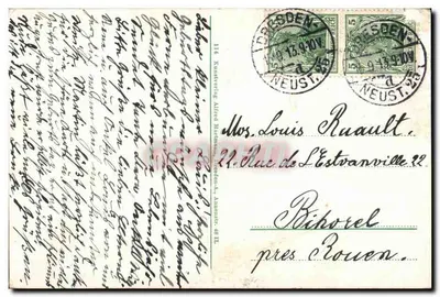 Dresden-Altstadt, Friedrich-August-Brücke — widok panoramiczny z katedrą, pałacem i galerią — wydawca nieznany — Rewers