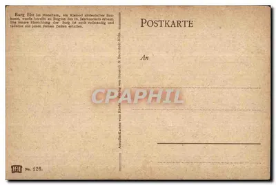 Burg Eltz — średniowieczny zamek w Moselii — wydawca: Verlag von Rhein & Bechstedt, Köln, nr 126 — Rewers