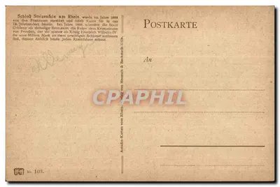 Schloss Stolzenfels — Ruína sobre o Reno — editor Actudin-Karten vom Rhein, n° 103 — Verso