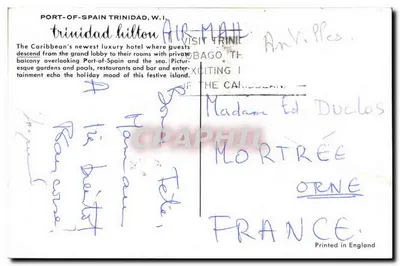 Hotel Hilton de Trinidad — Port-of-Spain, W.I. — impresso na Inglaterra — Verso