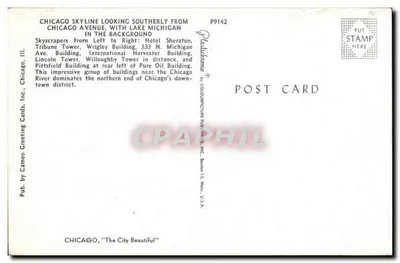 Skyline de Chicago — vista sur desde Lake Avenue — editor Cameo Greeting Cards, Inc. n° P9142 — Reverso