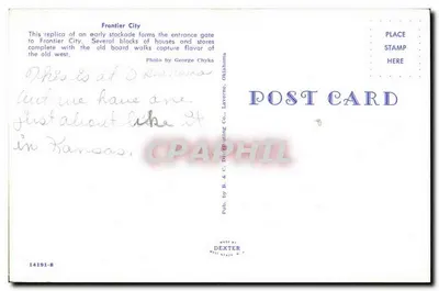 Frontier City USA — entrada em madeira — pub. B. & C. Distributing Co., Dexter, Oklahoma — Verso