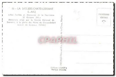 Monumento aos fuzilados e massacrados da Resistência em Châteaubriant — 22 outubro 1941 — Editado por Artaud & Fils, Nantes — Verso