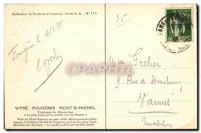 Fougères — L'arrivo per la strada di Rennes — Collezione del Syndicat d'initiatives - Cliché A. D. - N° 111 — Verso