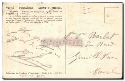 Stara pocztówka Vitre Fougeres Mont St Michel Zamek w Fougeres Wieża Piegnen W pobliżu Mont St Michel Fougere — Rewers
